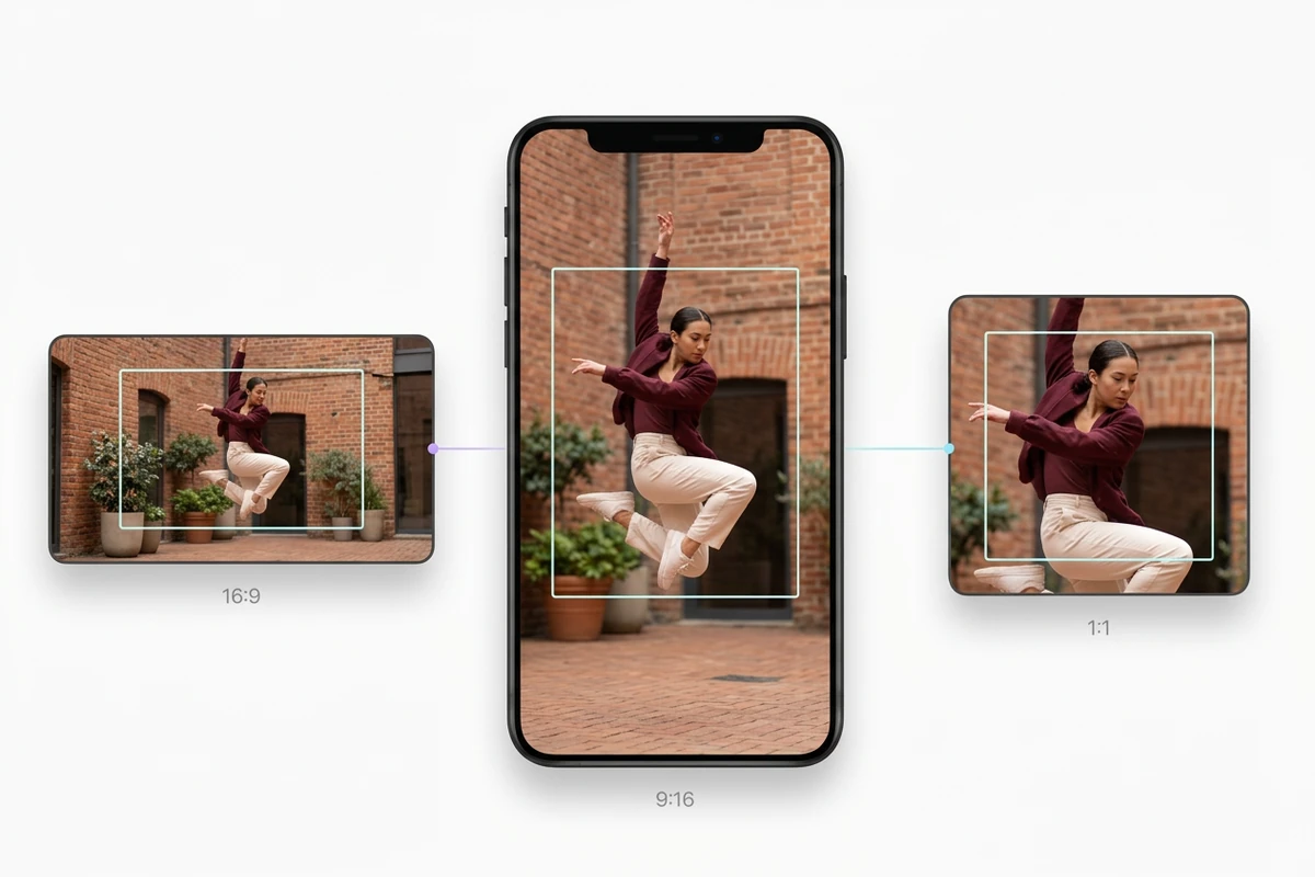 Illustrative view of a dancer’s courtyard video framed in landscape, portrait, and square crops.