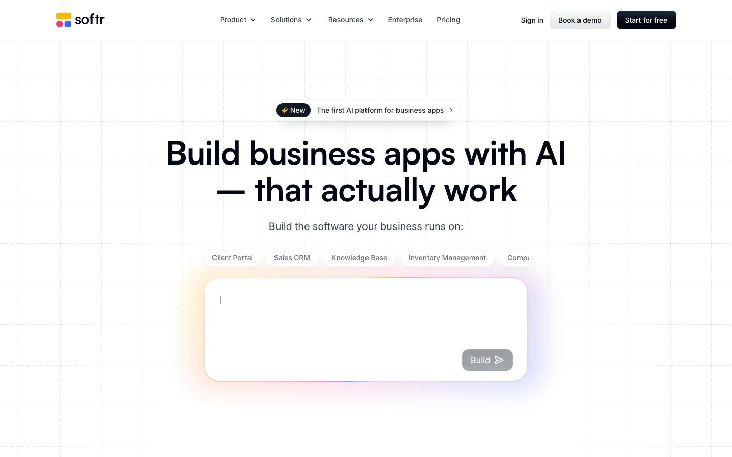 Softr homepage showing AI business app creation