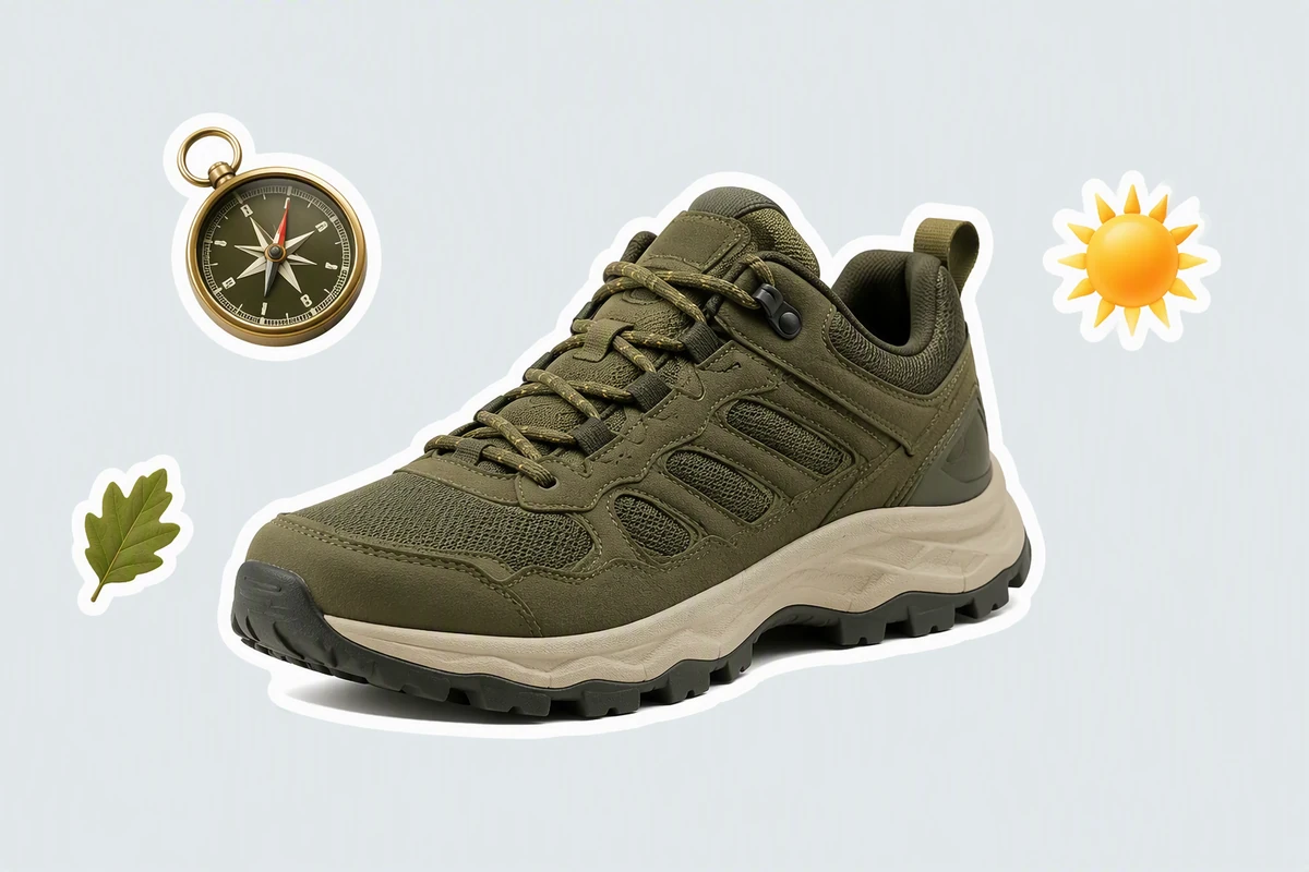 A moss-green trail sneaker and outdoor icons separated from a pale background by clean white outlines