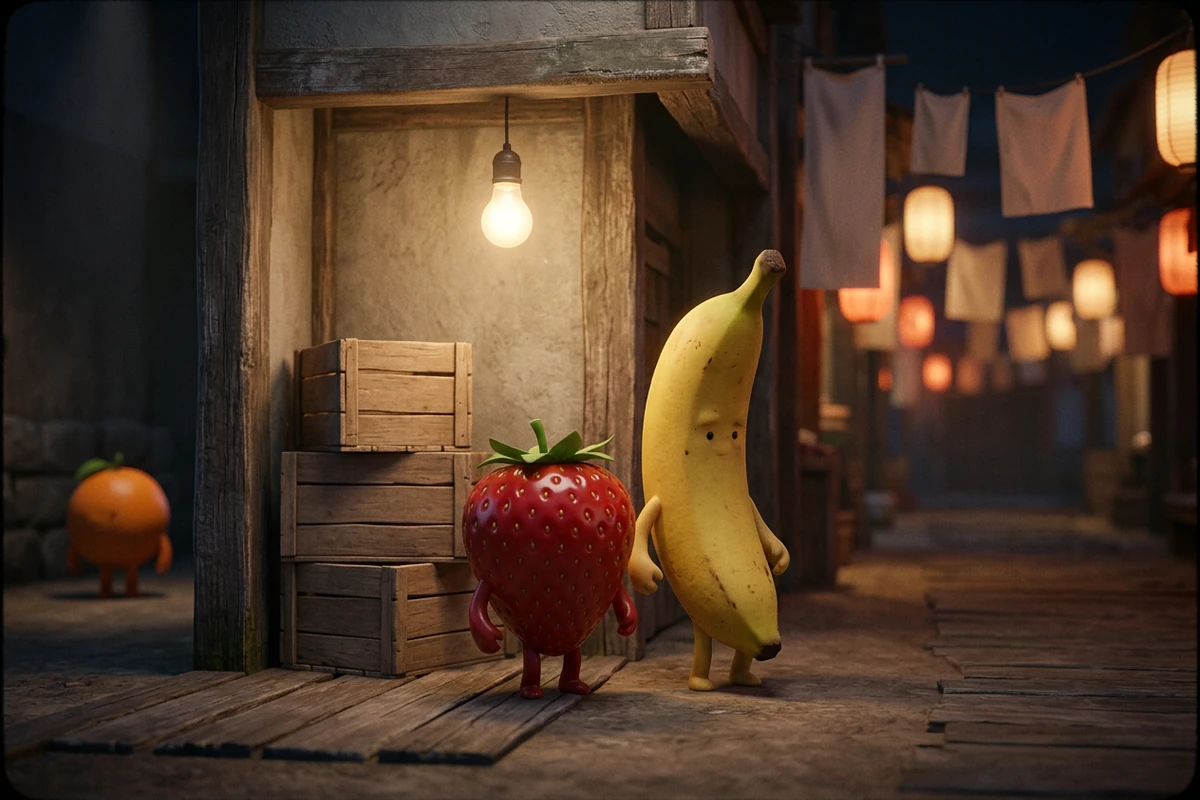 밤 시장 나무 문 앞에 선 딸기와 바나나, 그리고 작은 오렌지 캐릭터. 뒤로 멀어지는 따뜻한 불빛.