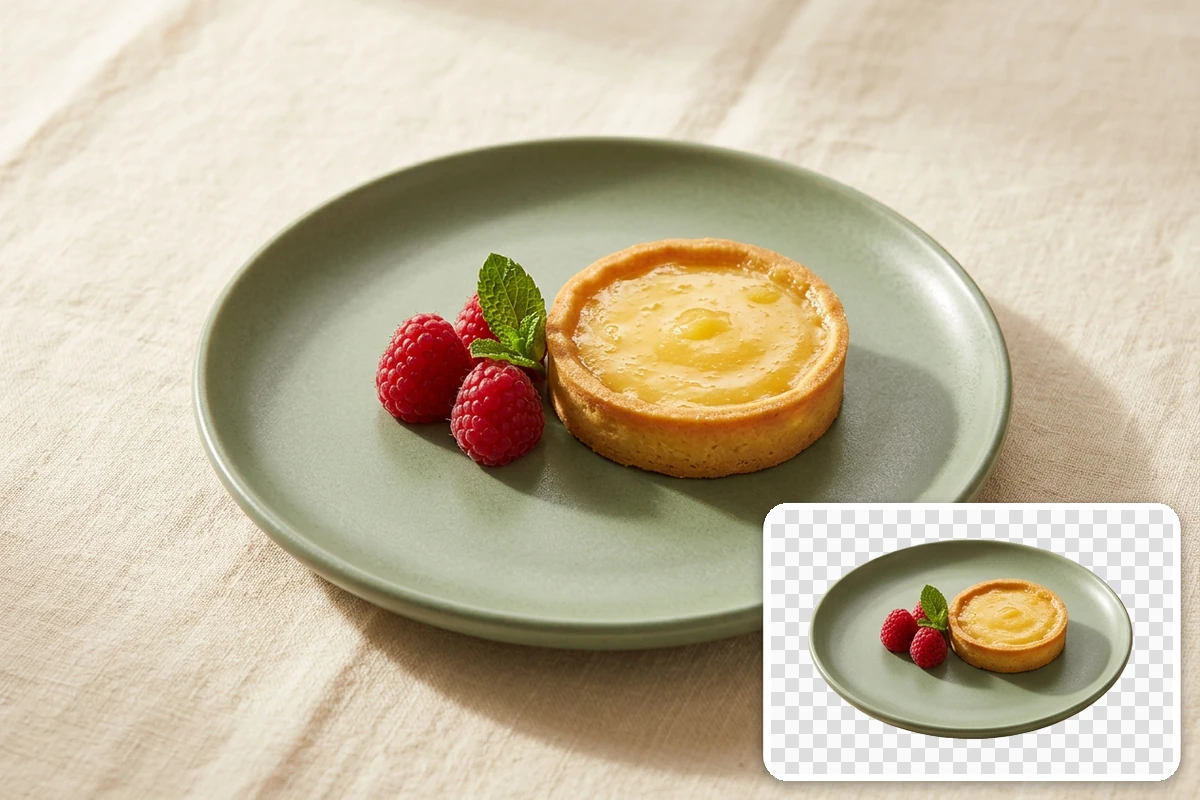 Lemon tart and raspberries on a sage plate, with an inset of the plate isolated against checkerboard.