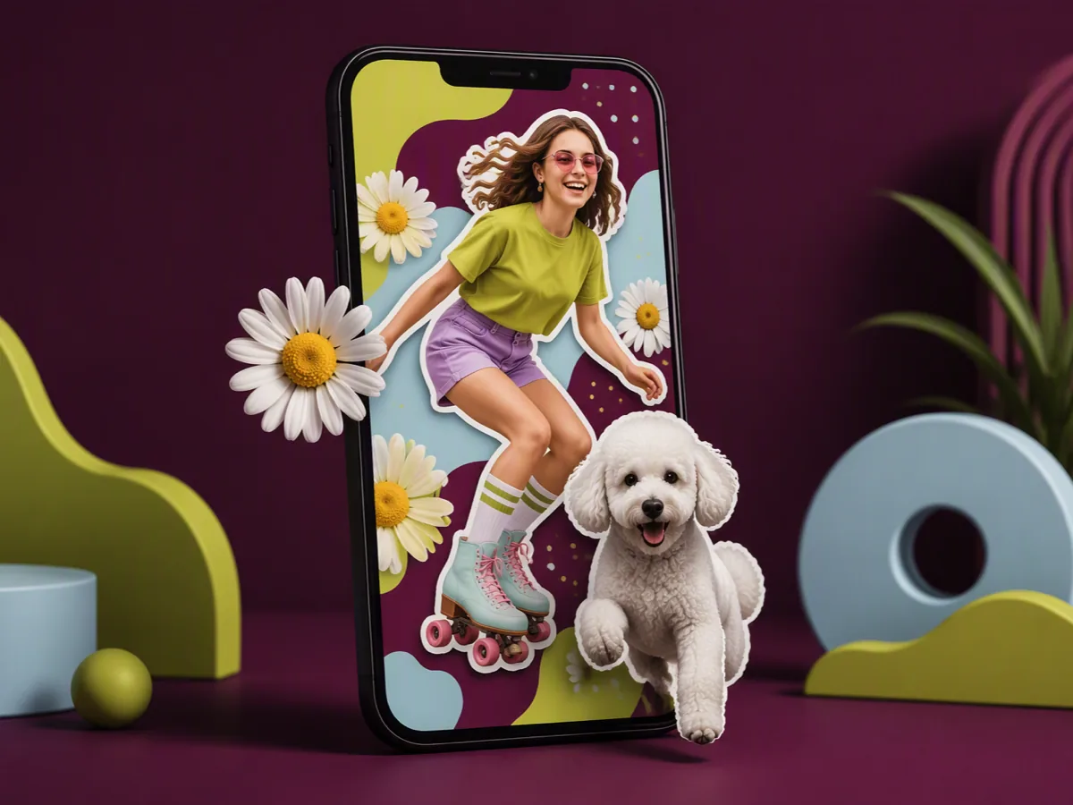 Phone wallpaper collage with a white-outlined roller skater, poodle, and daisies extending beyond the screen.