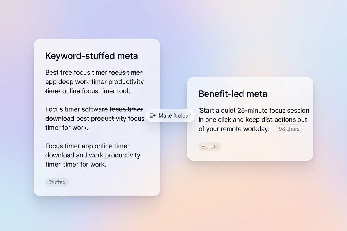 Split soft cards comparing struck-through keyword-stuffed meta with a clear benefit-led meta under 160 characters.