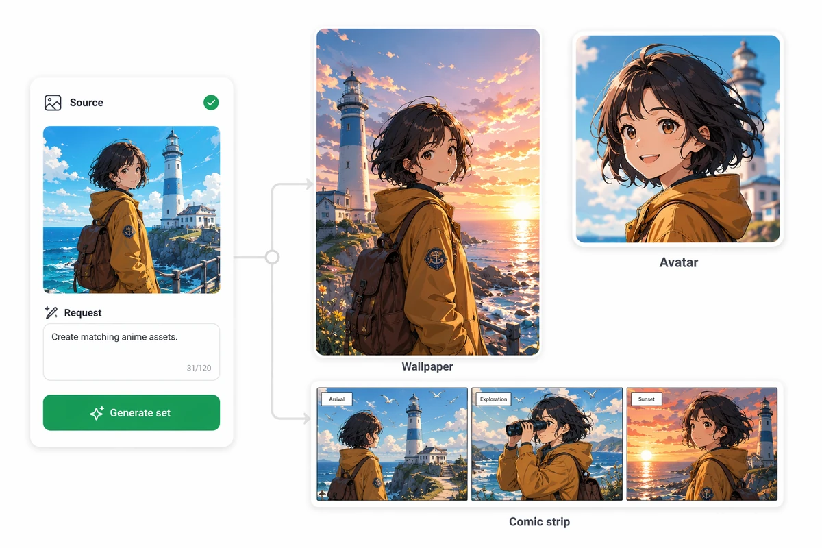 A source portrait explored through several original anime art directions