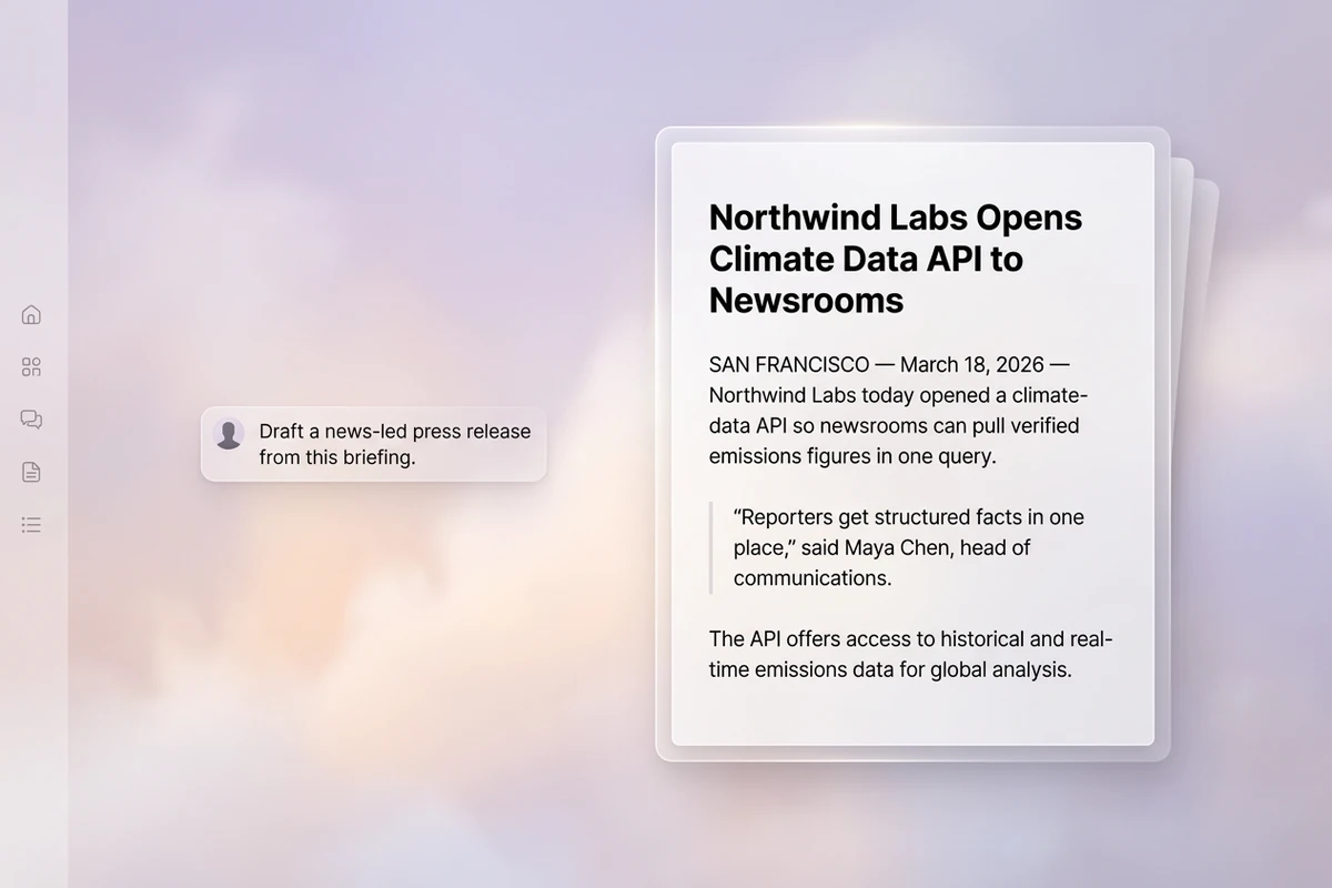 Tall soft press-release document with headline, dateline, lead, and quote beside a brief draft prompt on mist.