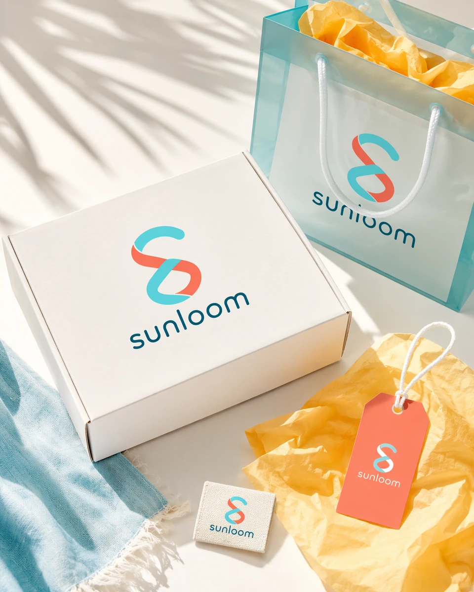 Sunloom logo applied to bright resortwear packaging and tags