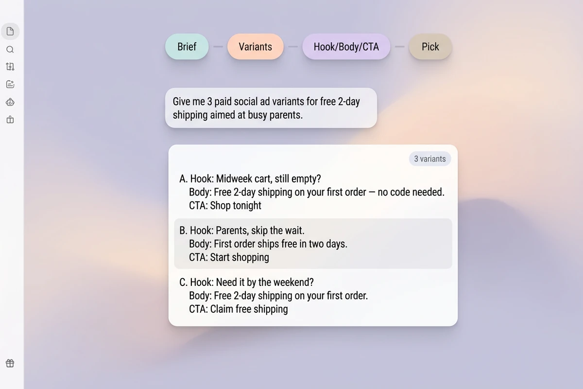 Brief–Variants–Hook/Body/CTA–Pick şeridi ve üç Kanca, Gövde, CTA reklam varyantı olan yumuşak çalışma alanı.