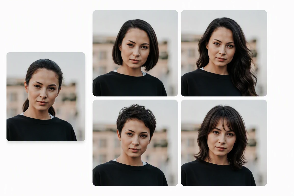 Adult woman comparing a source portrait with four realistic hairstyle options