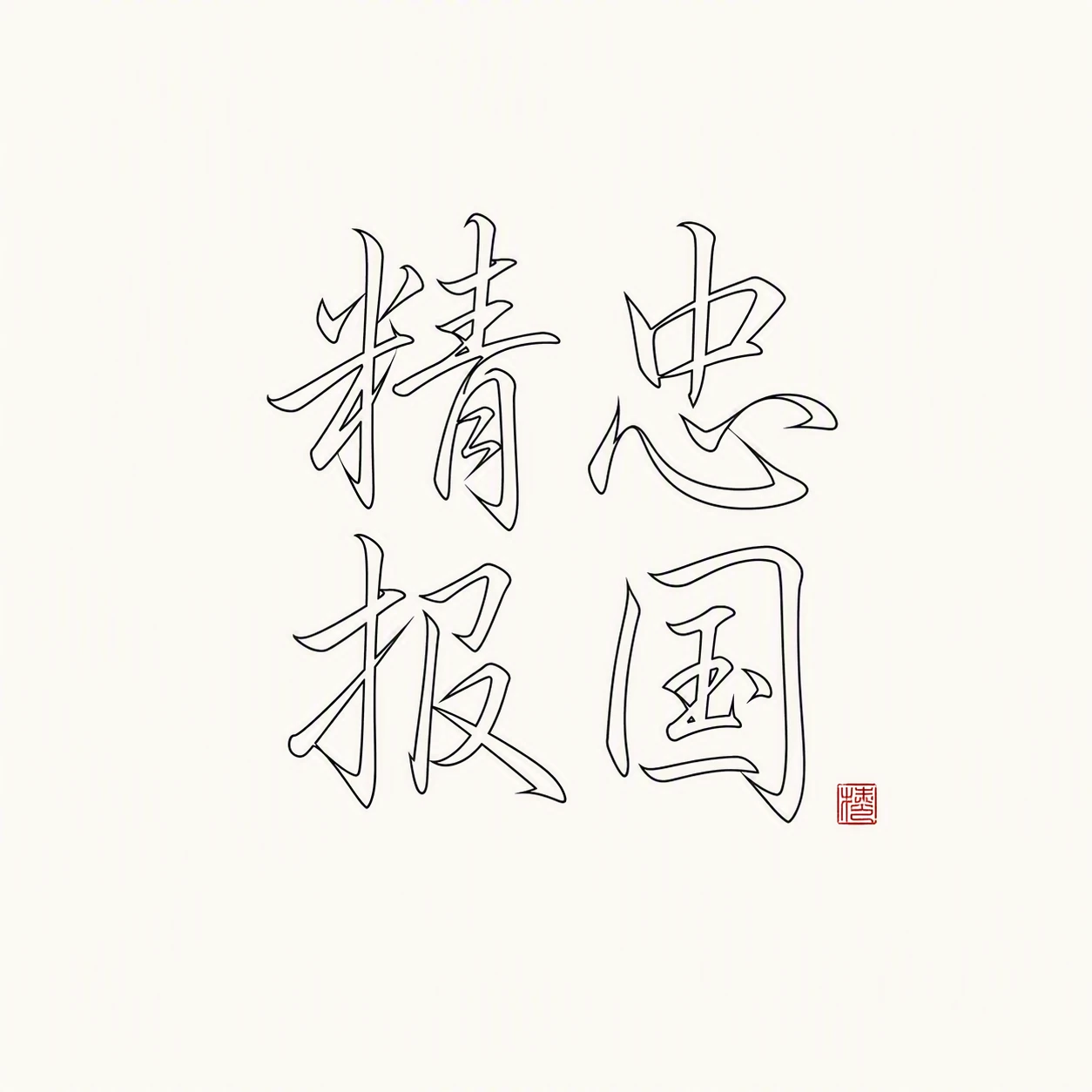 精忠报国四字以黑色书法排成二乘二方形并配有朱红印记