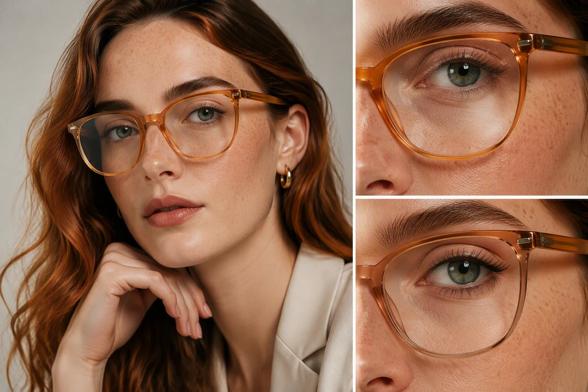 An eyewear portrait and two close detail views show subtle lens smudge and reflection cleanup with freckles and material texture intact