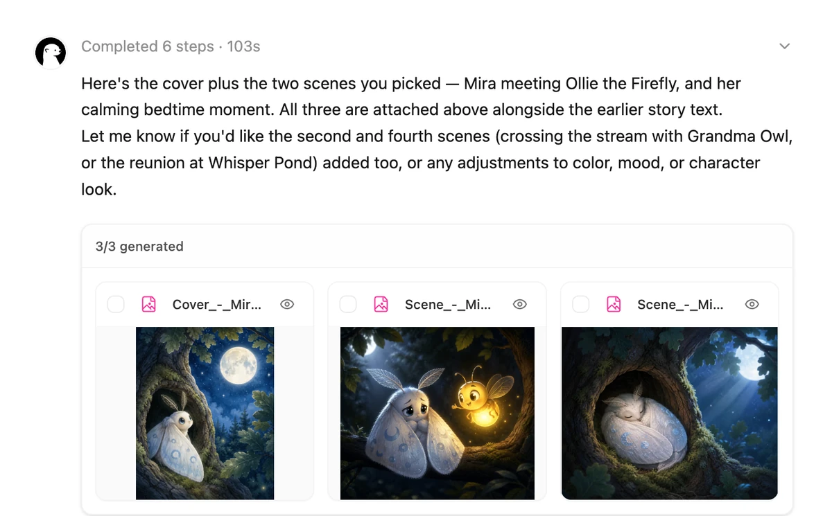 Ottermind generating a cover and two selected picture-book scenes for Mira and the Whispering Moon after story review