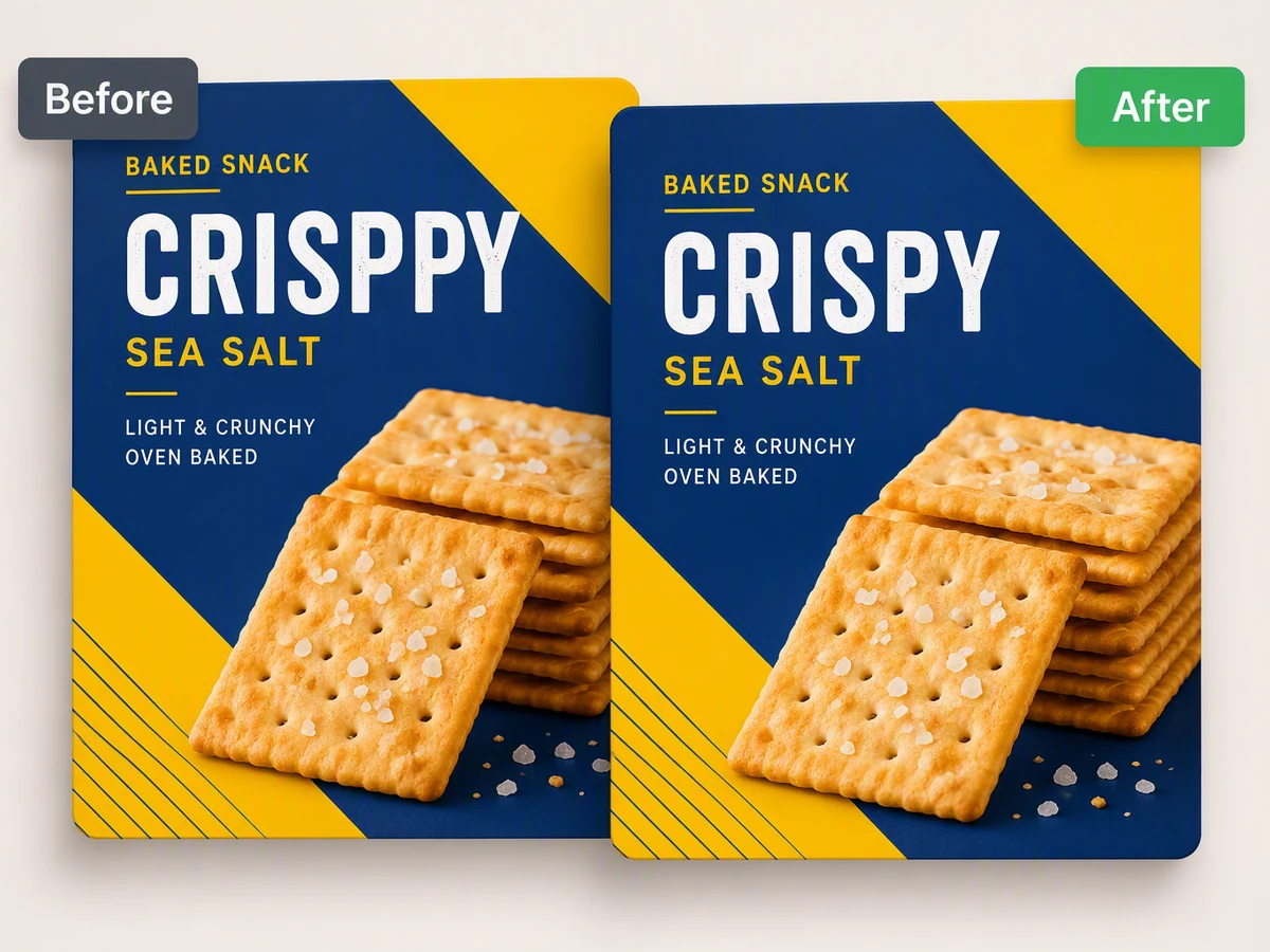 Before and after snack packaging correcting CRISPPY to CRISPY