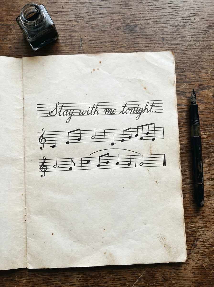 Stay with me tonight handwritten in cursive above musical notes on an ivory manuscript page