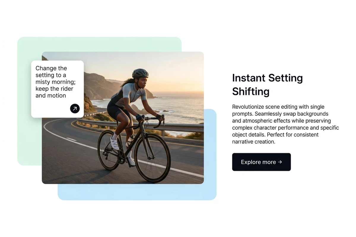 Illustrated coastal cycling clip with a prompt to change the setting to a misty morning while retaining the rider and motion.