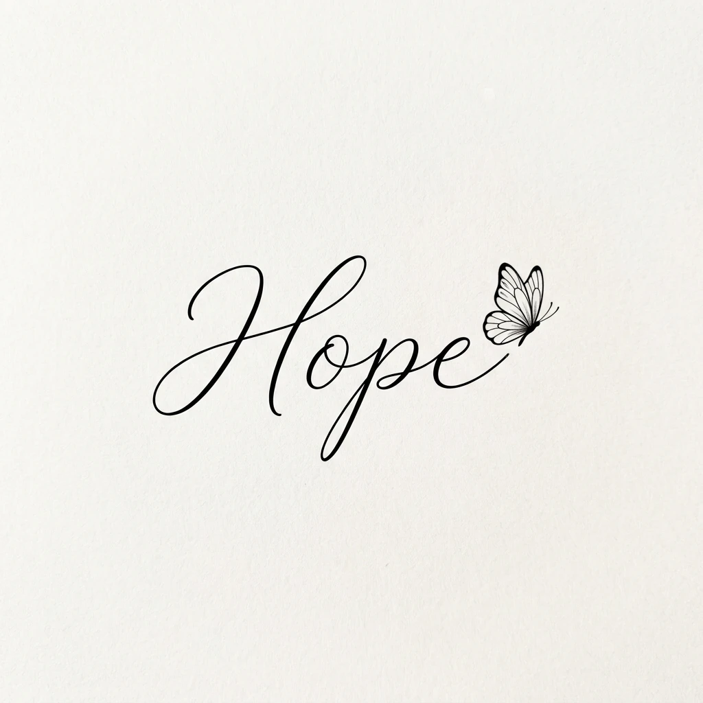 Hope in delicate black cursive lettering with a small butterfly illustration
