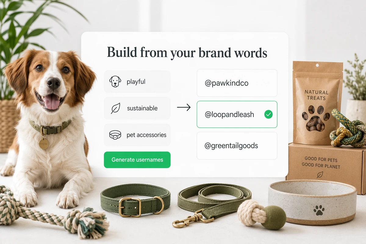 Playful, sustainable, and pet-accessory keywords transformed into username ideas