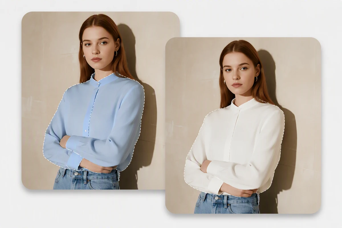 Matching portraits show only a woman's blouse changing from pale blue to ivory.