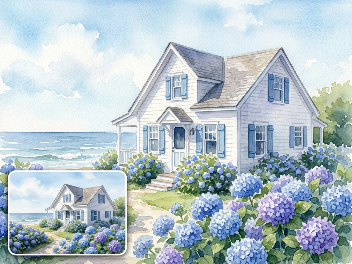 Watercolor coastal cottage surrounded by hydrangeas with the original photo inset