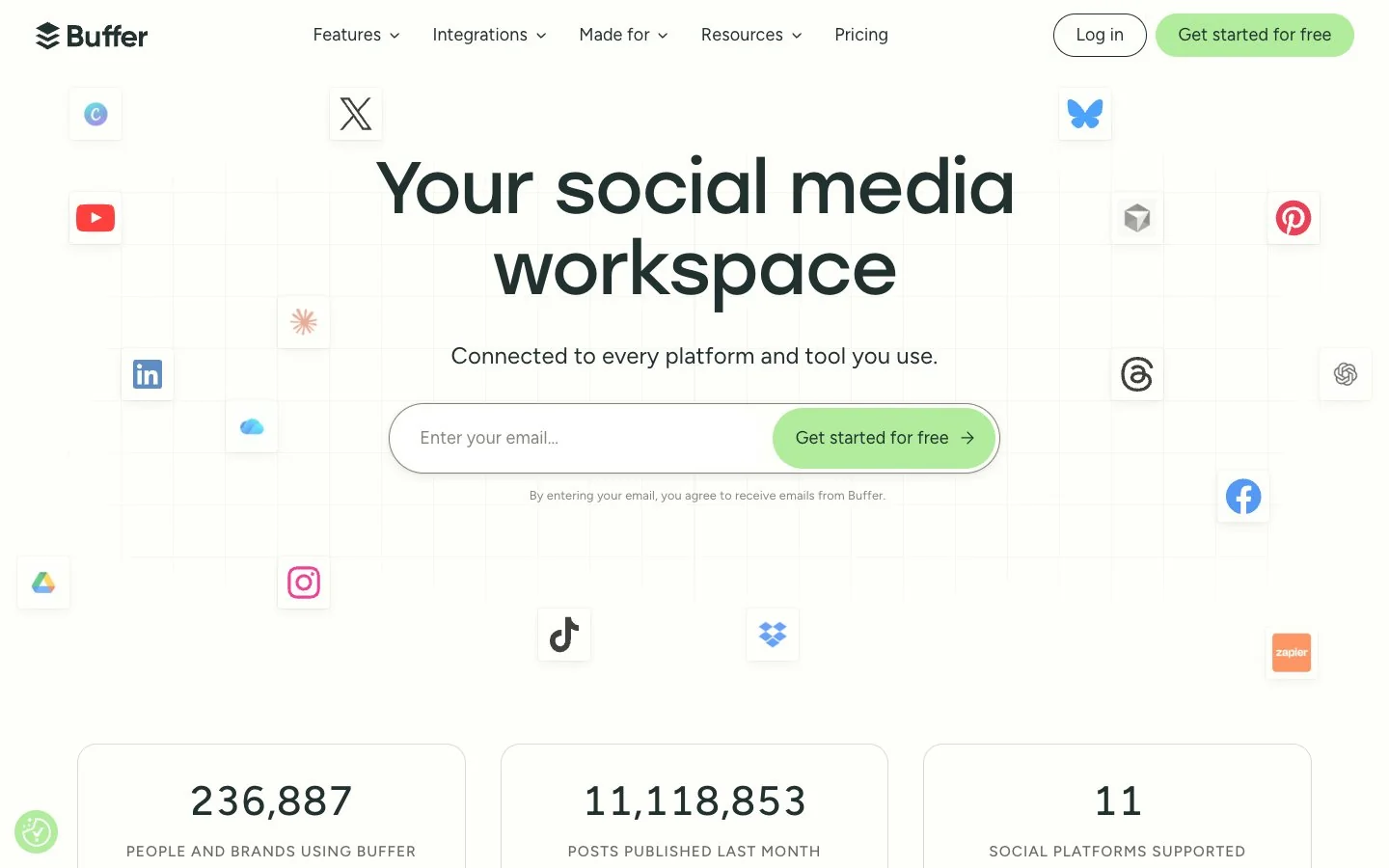 Buffer homepage showing a social media workspace for scheduling and analytics