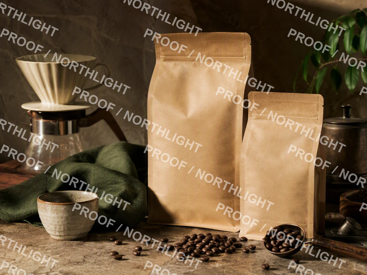 Coffee roastery still life with repeated PROOF and NORTHLIGHT watermarks.