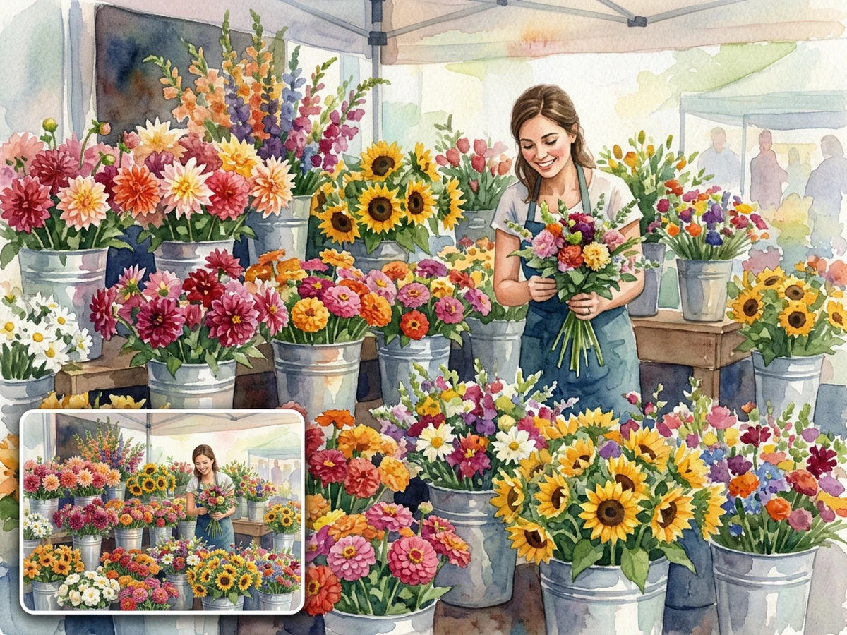 Watercolor farmers market flower stall with the original photo inset