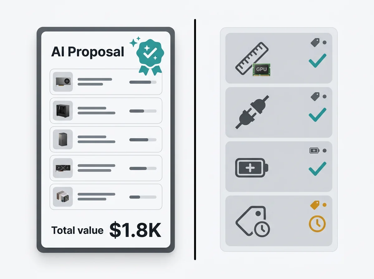 AI PC proposal shown separately from compatibility, power, fit, price, and availability verification