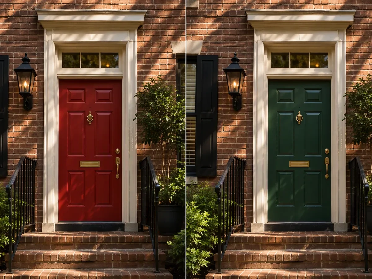 Side-by-side exterior photo with the same front door changed from red to forest green.