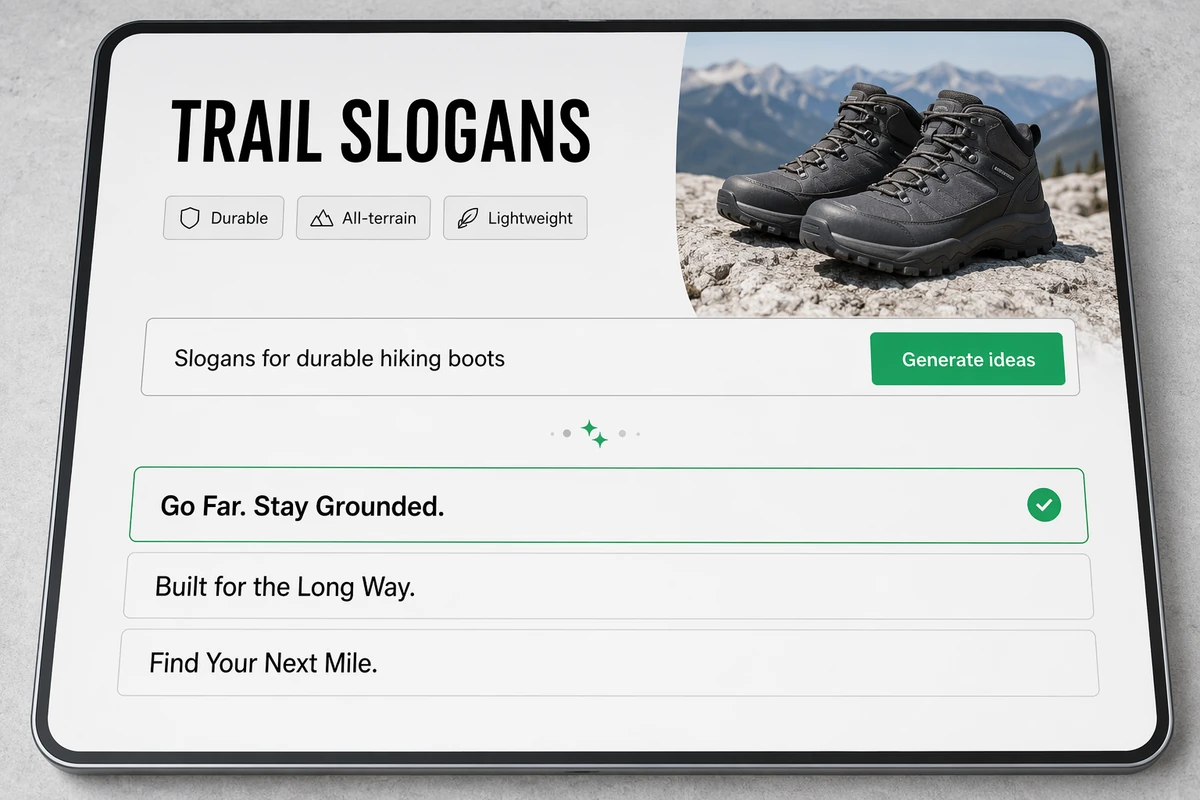 An outdoor brand brief generating several focused slogan ideas beside product photography