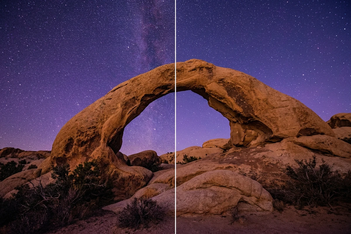 Illustrative split view of a sandstone arch beneath a purple night sky, showing heavier grain on the left and reduced noise on the right.
