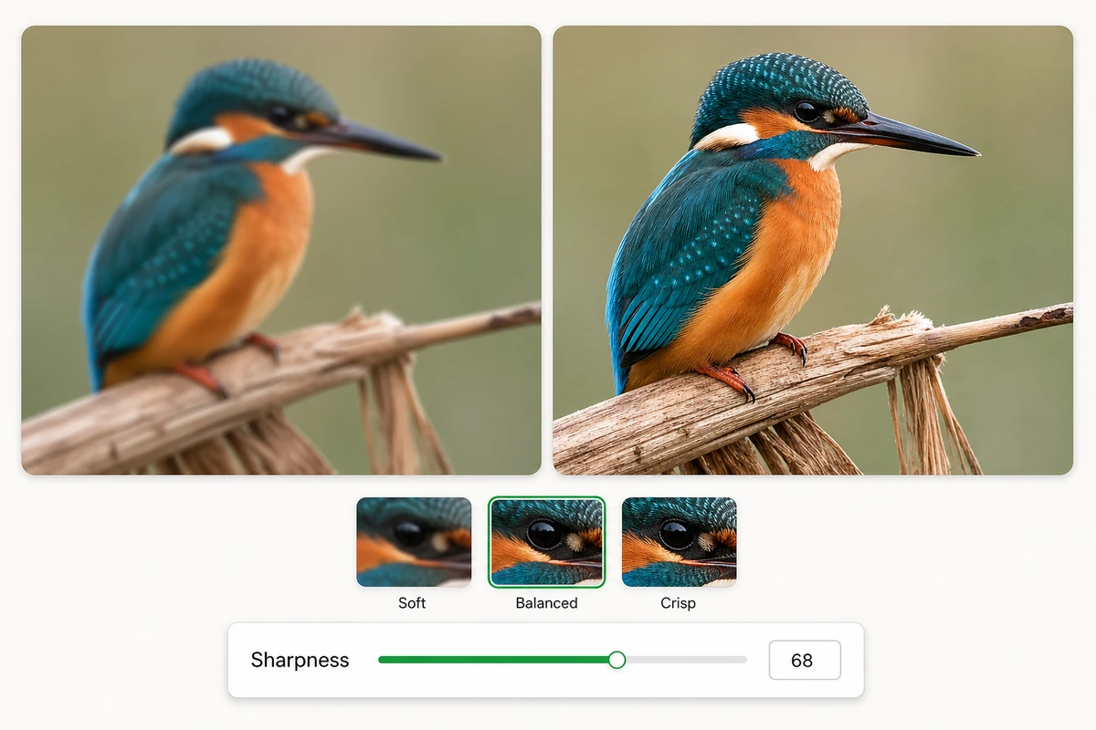 A blurred kingfisher photograph sharpened with precise soft, balanced, and crisp adjustment controls