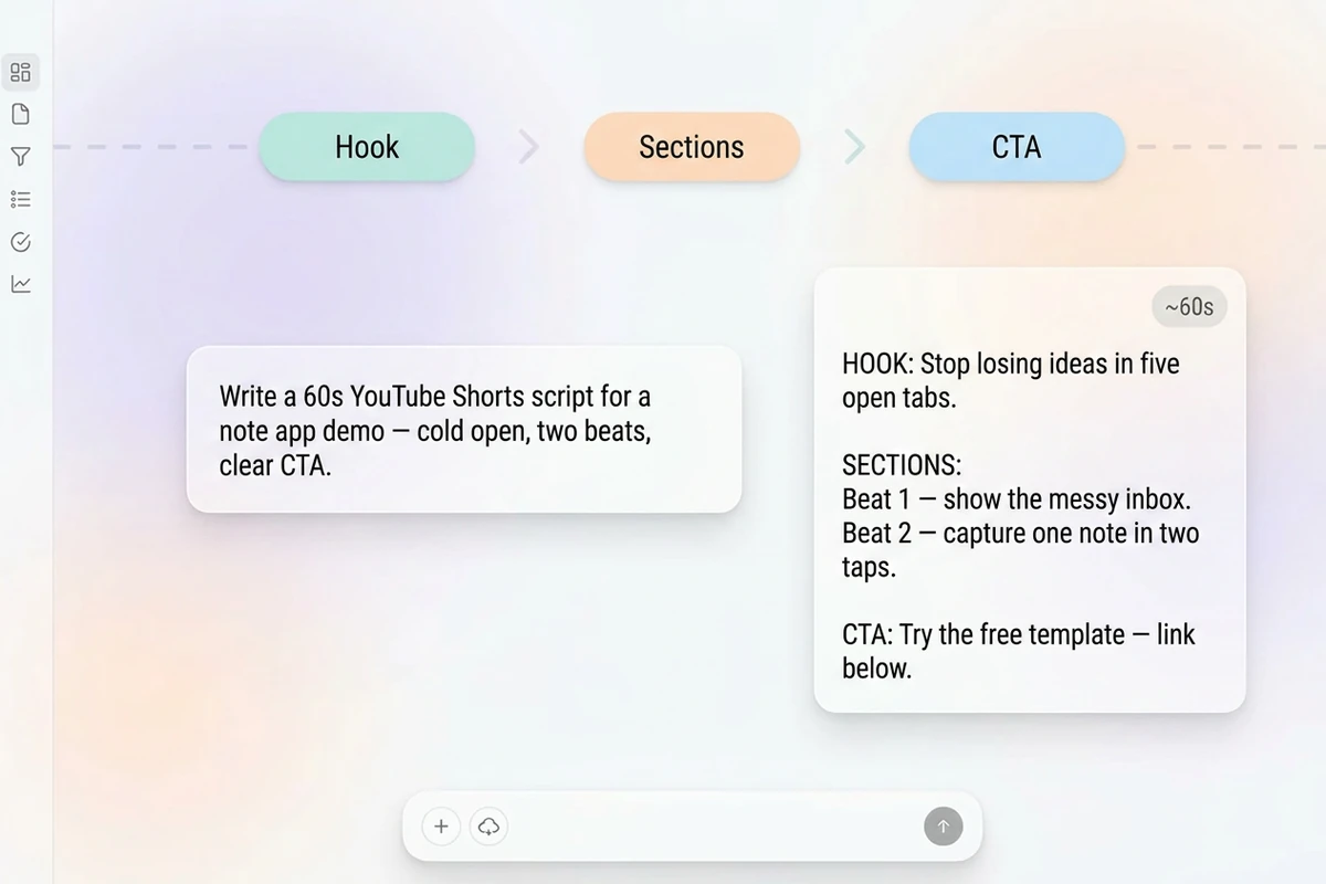 Soft workspace with Hook–Sections–CTA beat strip and a structured ~60s spoken script result.