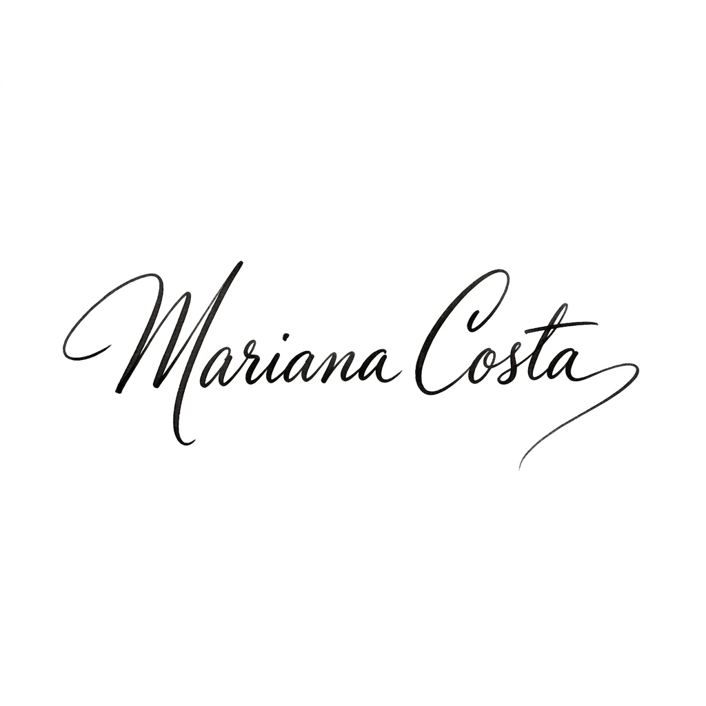 Nome Mariana Costa em assinatura cursiva preta com traços fluidos sobre fundo branco