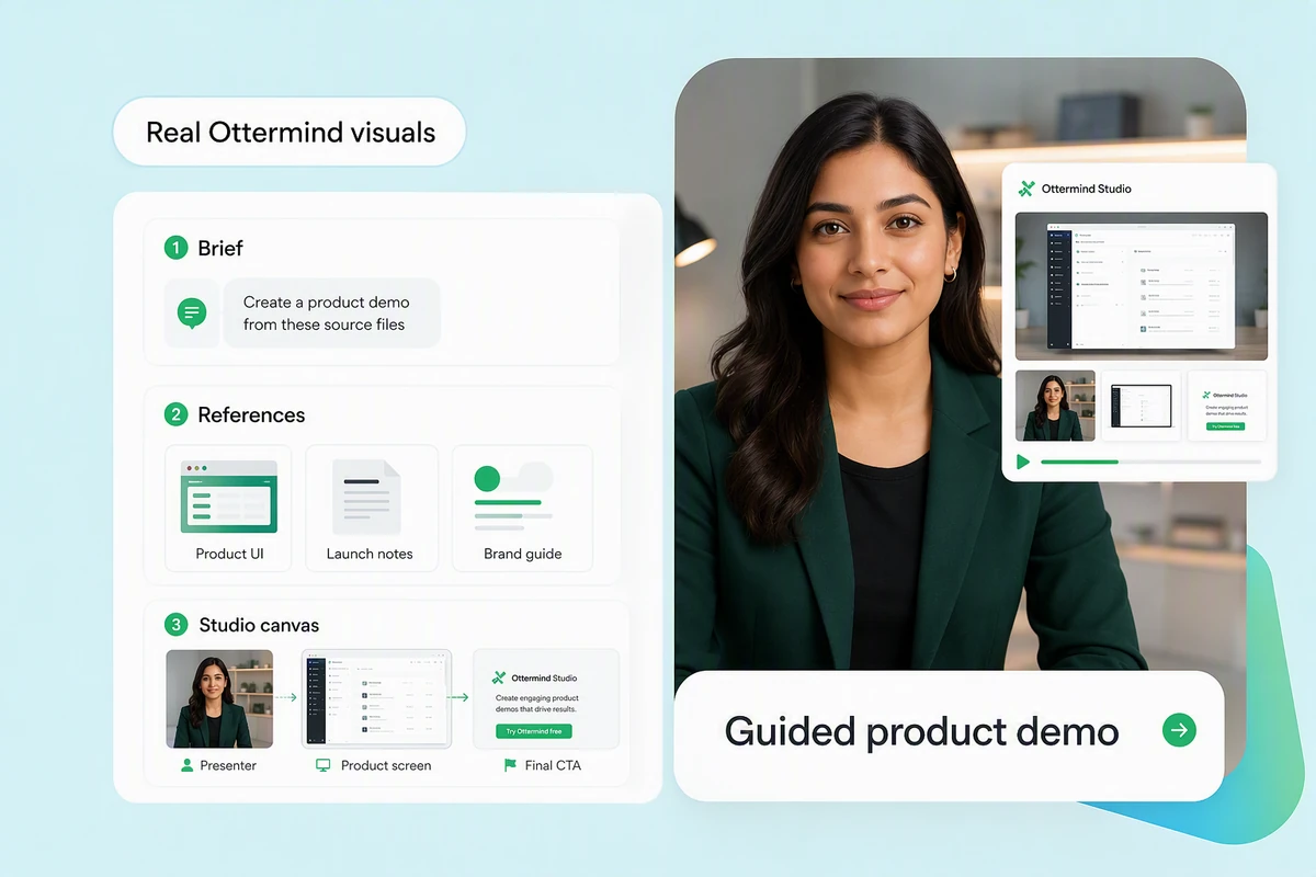 Product screenshots guiding a generated video demo