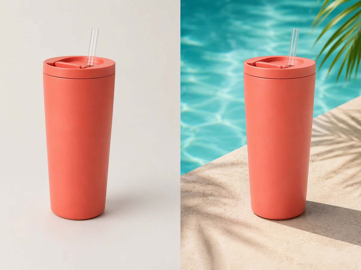Coral insulated travel tumbler shown in a neutral studio and beside a sunny swimming pool