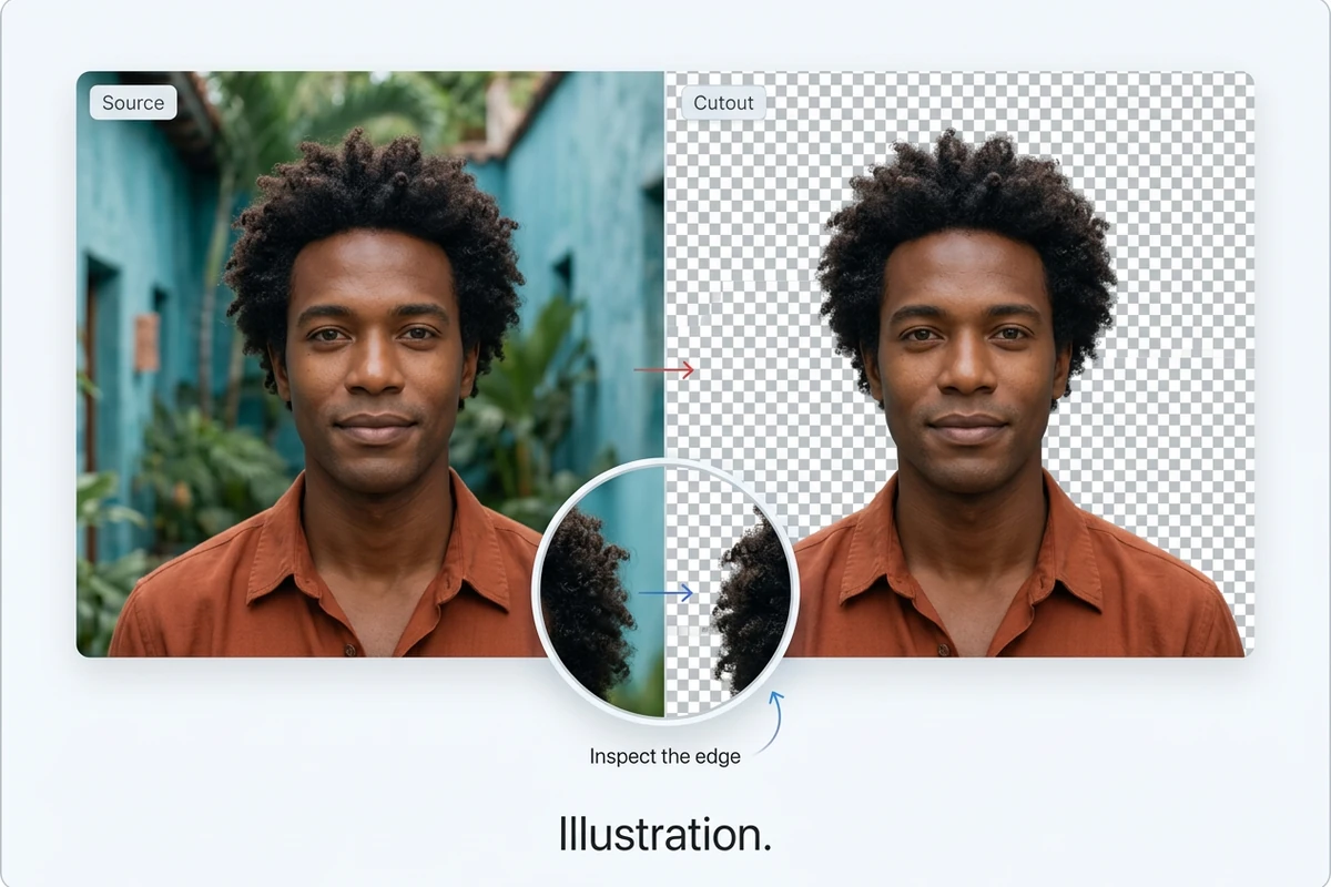Illustration comparing a curly-haired man in a courtyard with an isolated portrait and a circular edge detail.