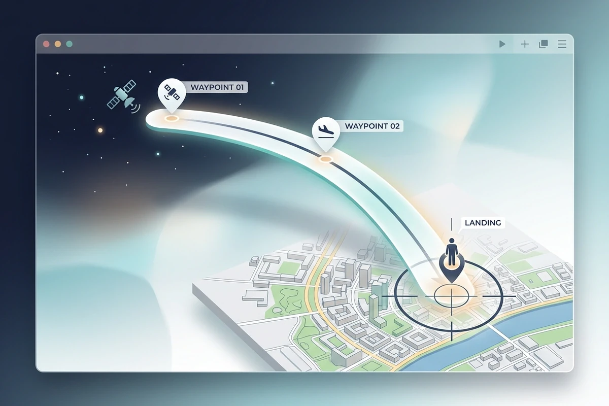 Camera path panel guiding a smooth route from orbit to a city destination