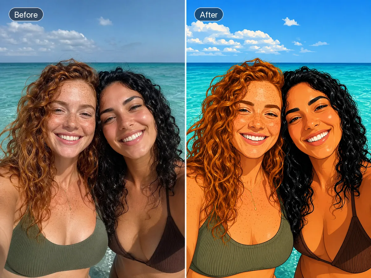 Before-and-after beach selfie of two friends, photo on the left and vibrant cartoon portrait on the right.