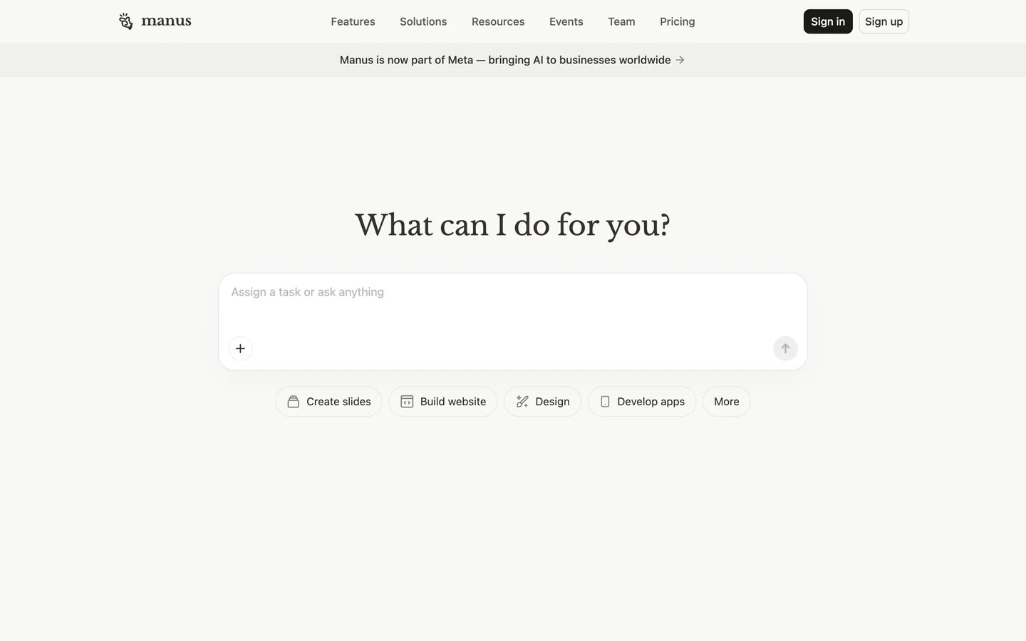 Manus homepage showing an agent workspace for assigning tasks and building deliverables