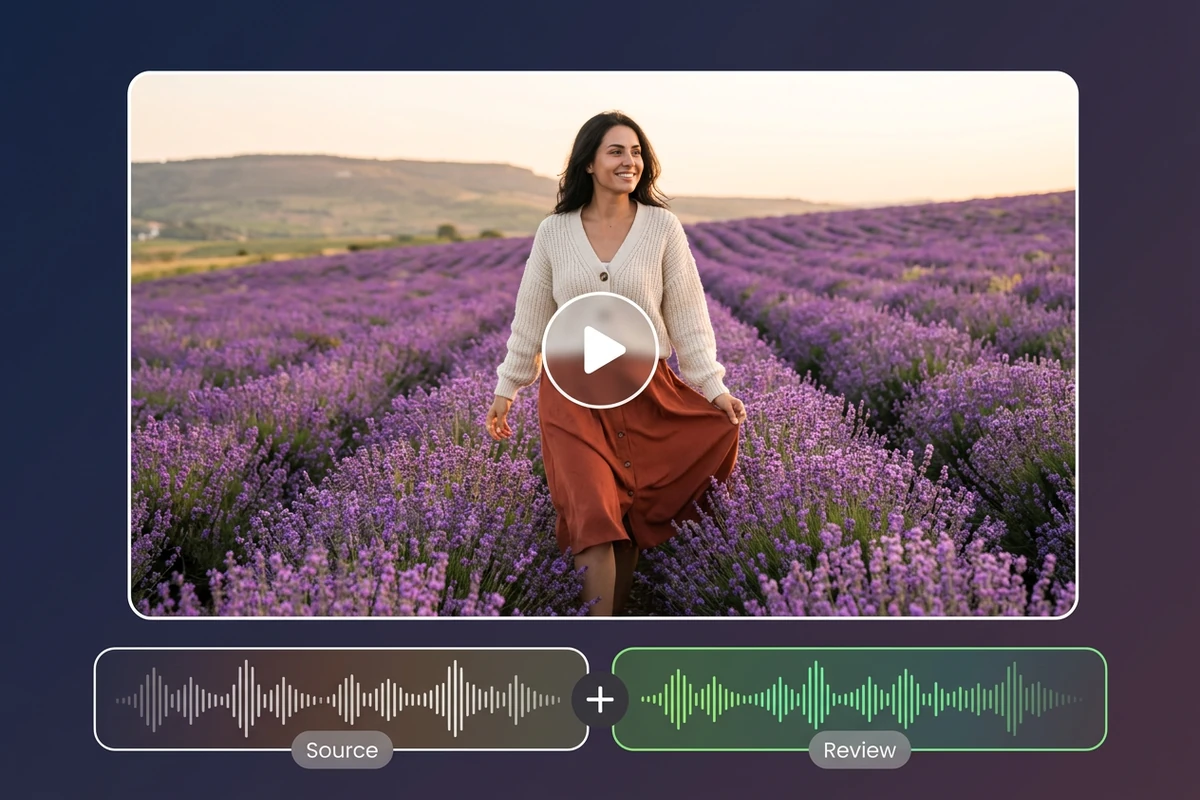 A woman walks through a lavender field above two audio waveforms labeled Source and Review.