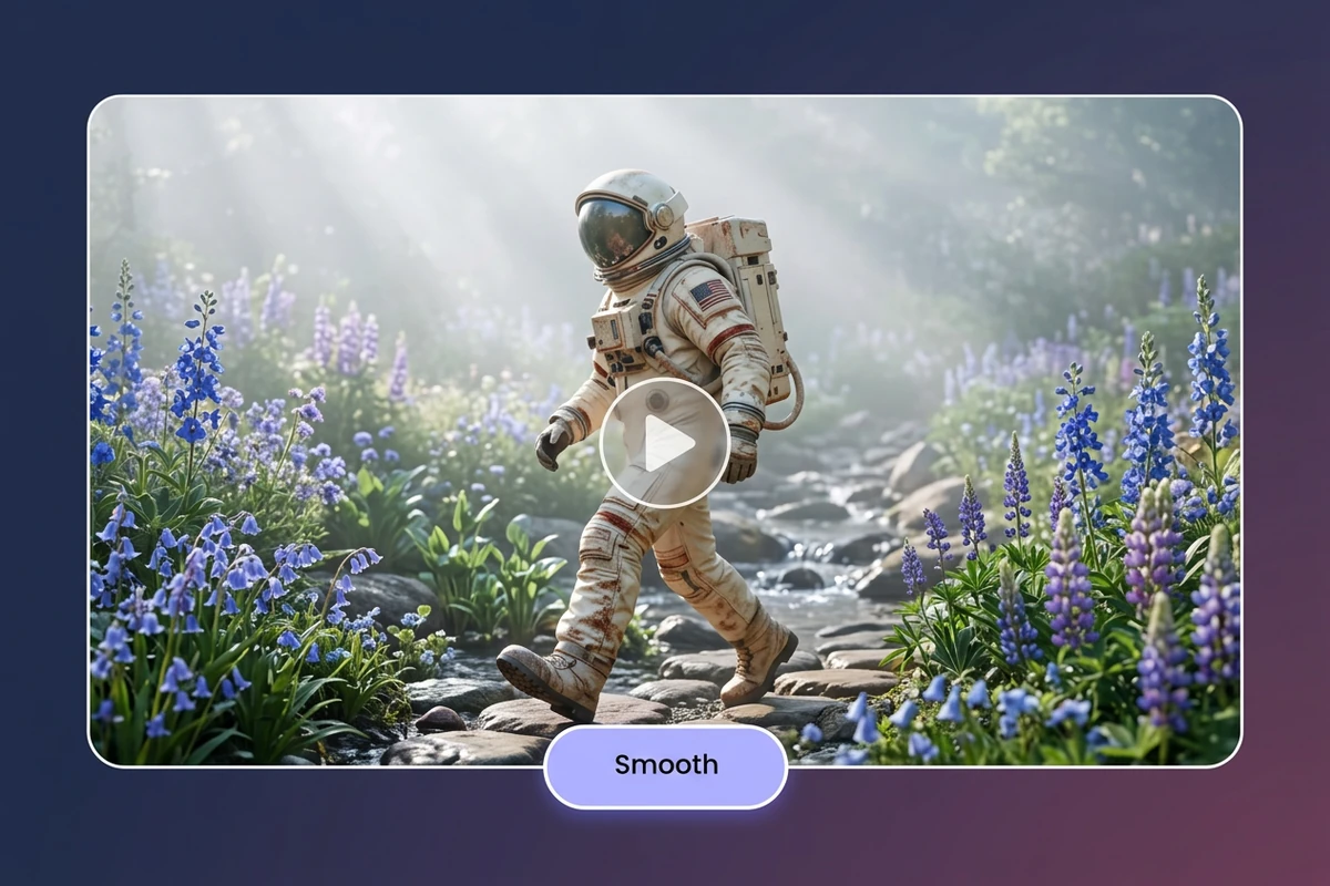An astronaut walks beside blue wildflowers and a rocky stream in a rounded video frame.