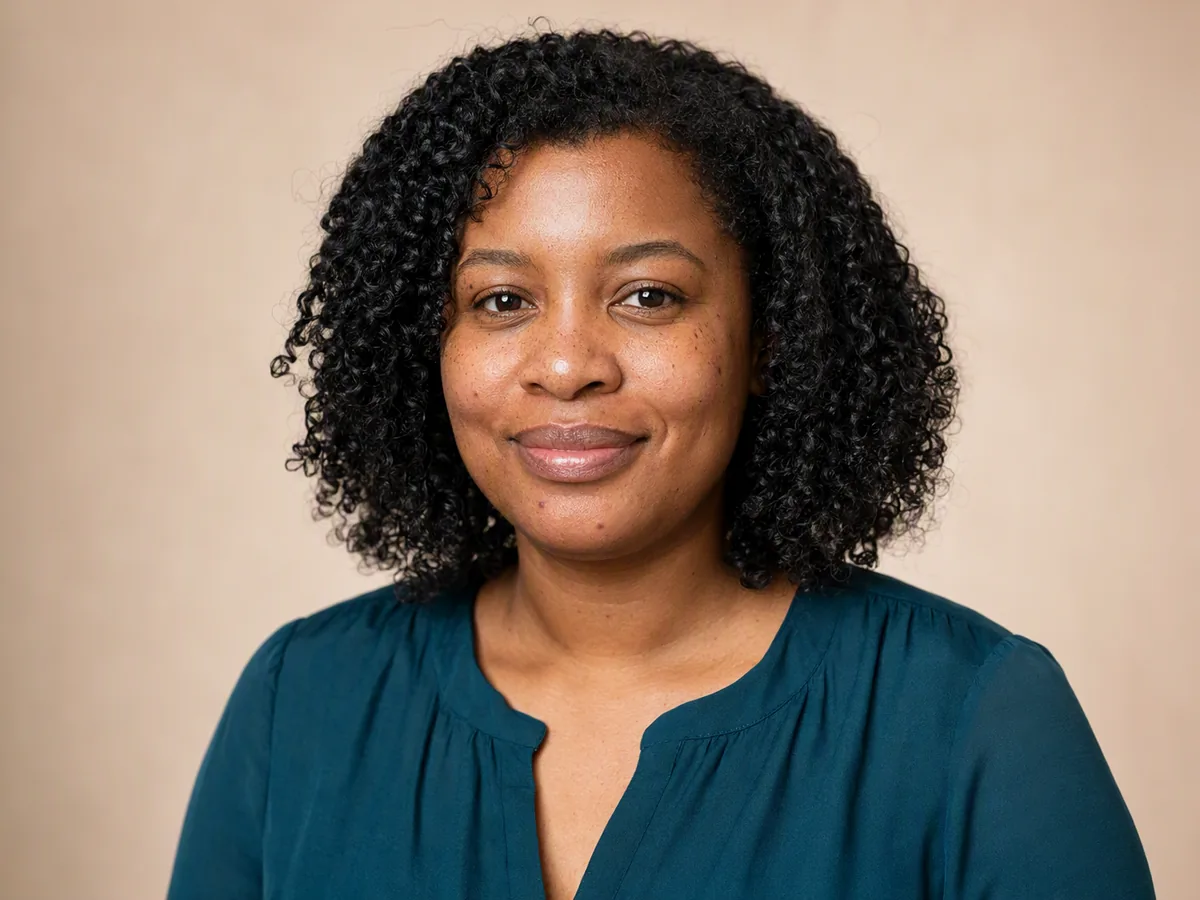 The same Black woman after subtle blemish and highlight retouching with natural skin texture preserved