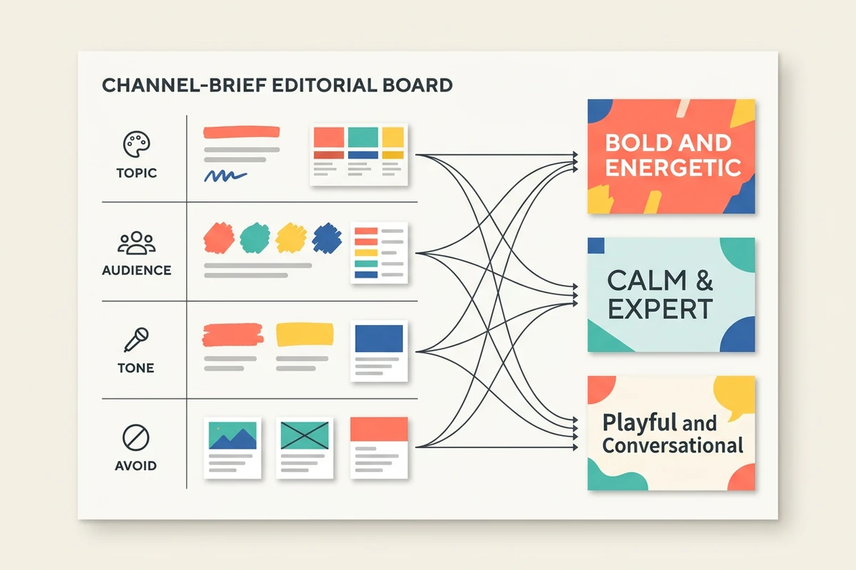 Channel brief board connecting topic, audience, tone, and avoid criteria to three different naming directions.