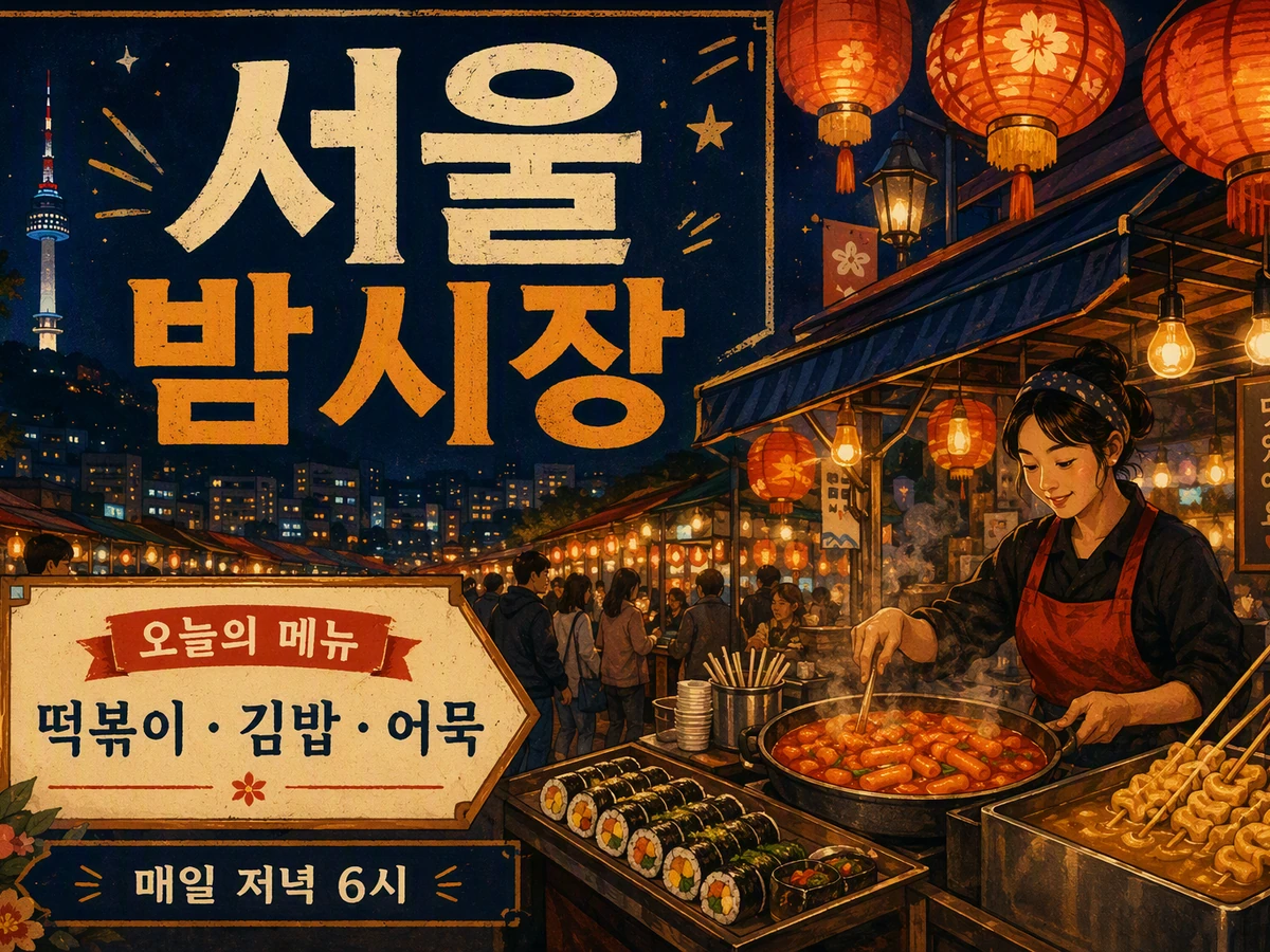 Illustrated Seoul night market poster with Korean headline, food stalls, lanterns, and a Korean menu.