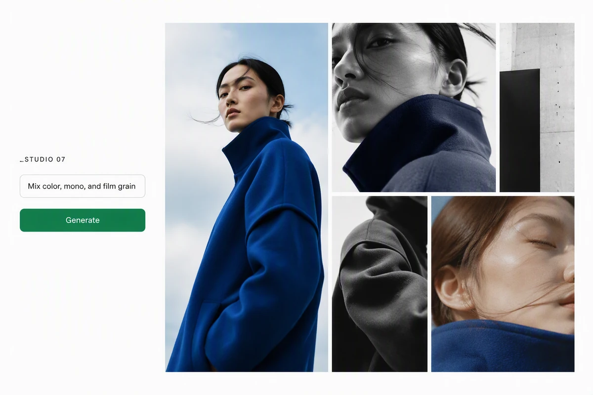 A fashion lookbook collage mixing color, monochrome, grain, and varied crops