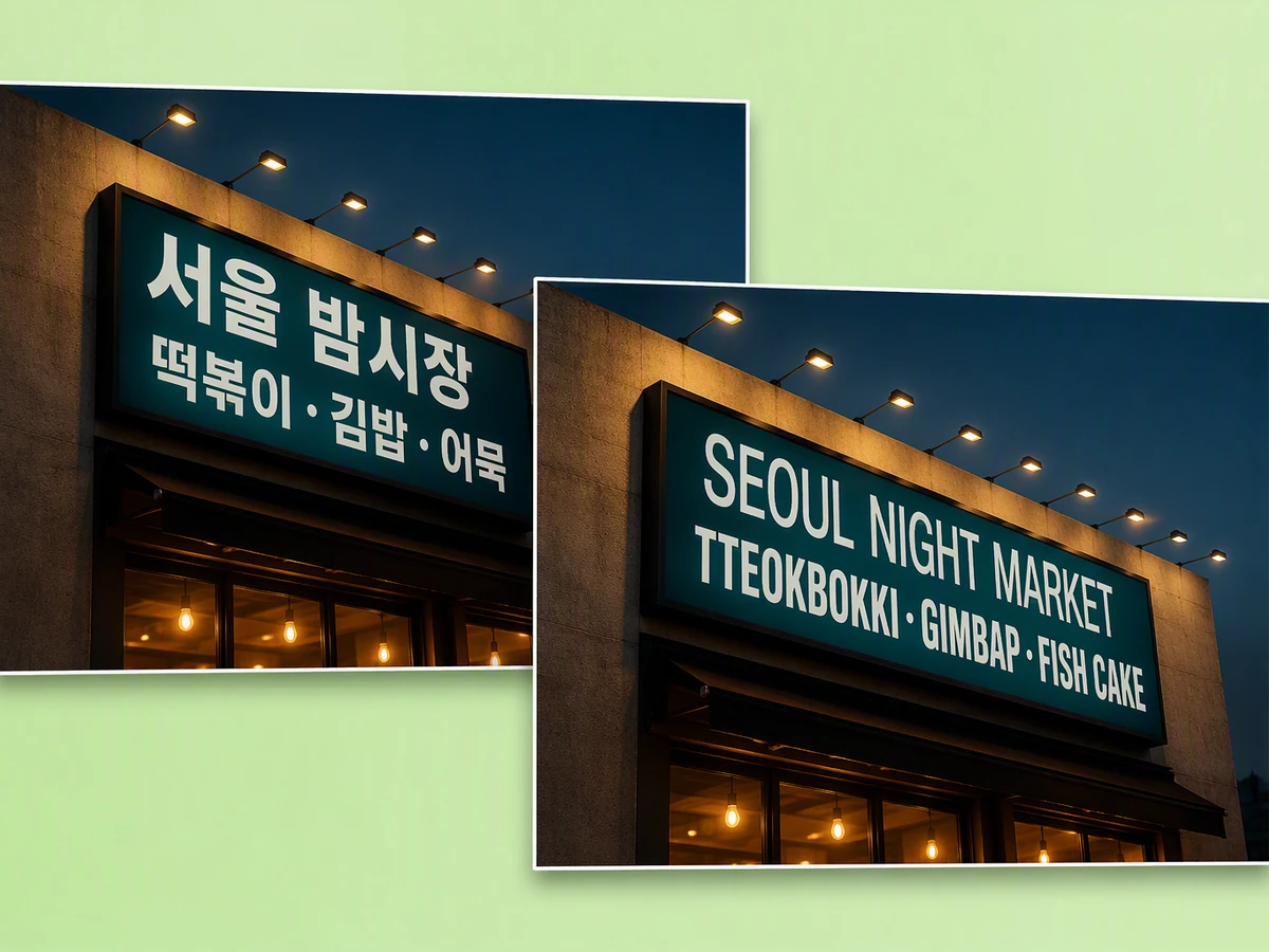 Overlapping Korean and English versions of the same Seoul night market storefront sign.