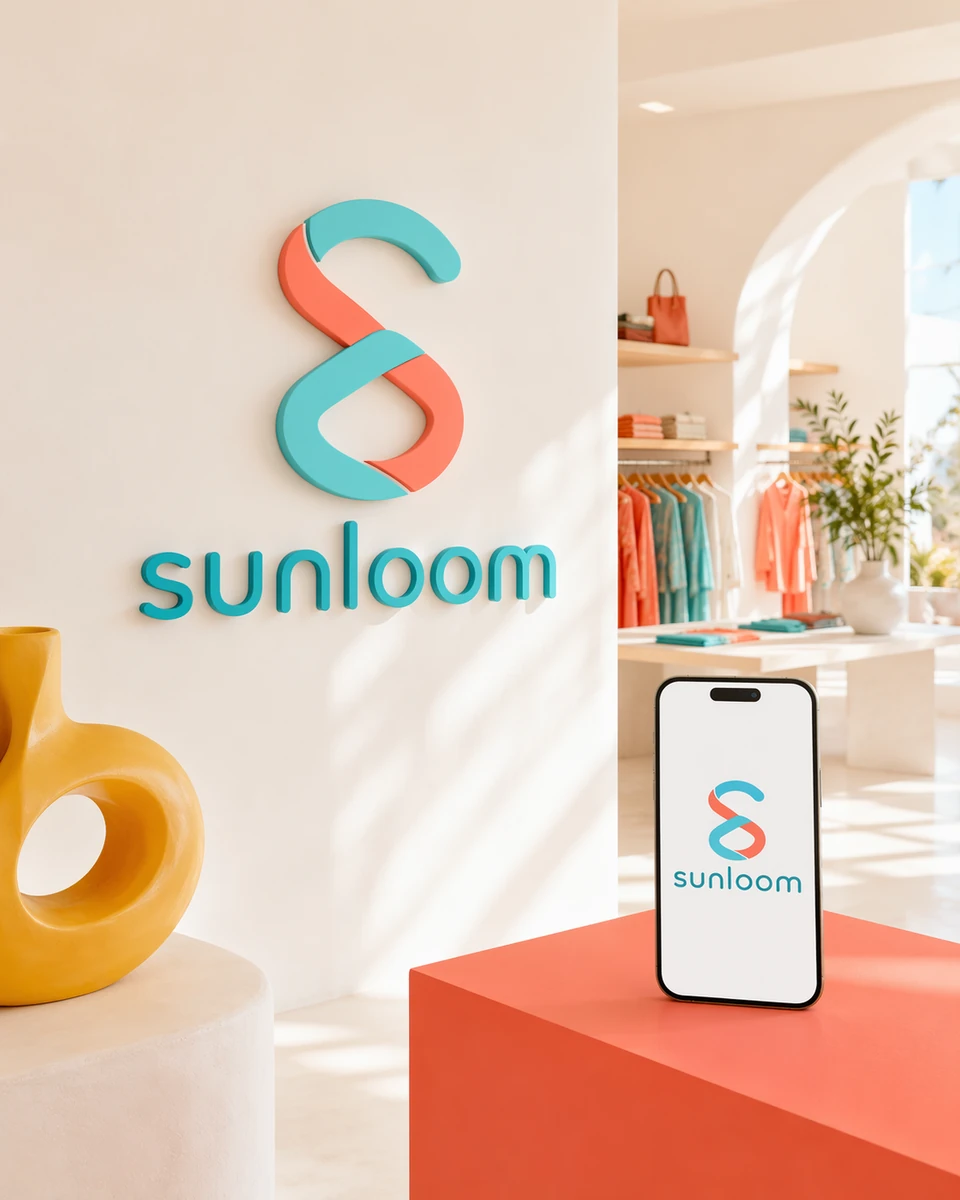 Sunloom identity displayed on a boutique wall and mobile storefront
