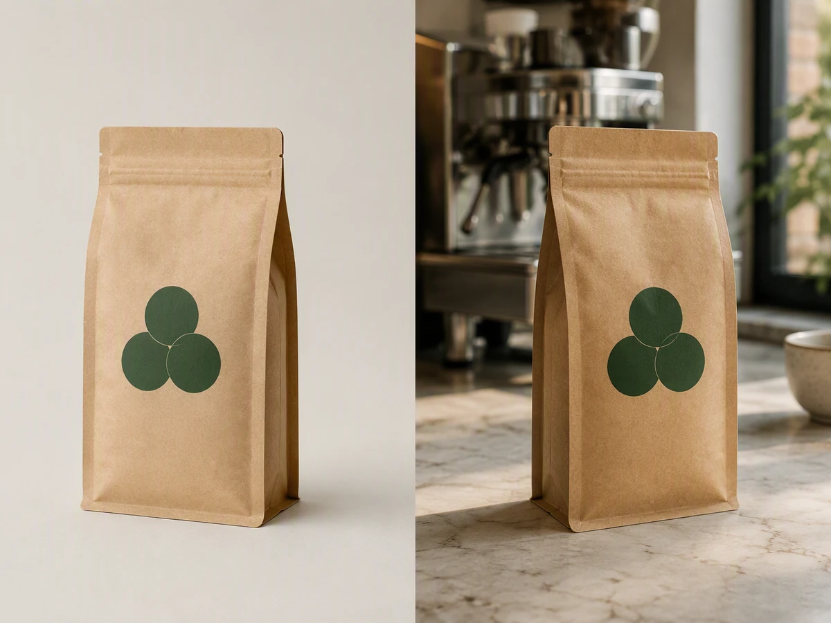 Kraft coffee pouch with a geometric mark shown in a neutral studio and on a bright cafe counter