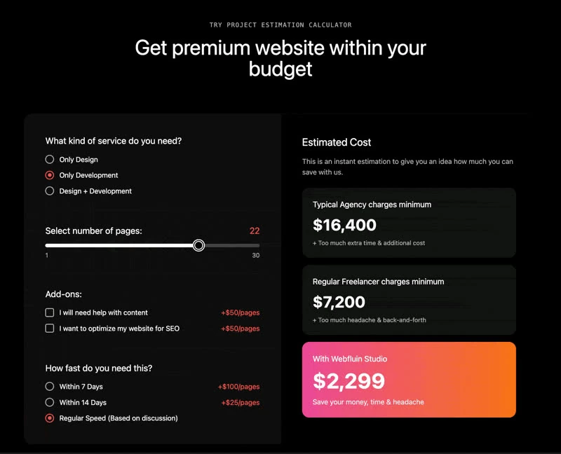 Price Calculator — Fintech preissektion preview