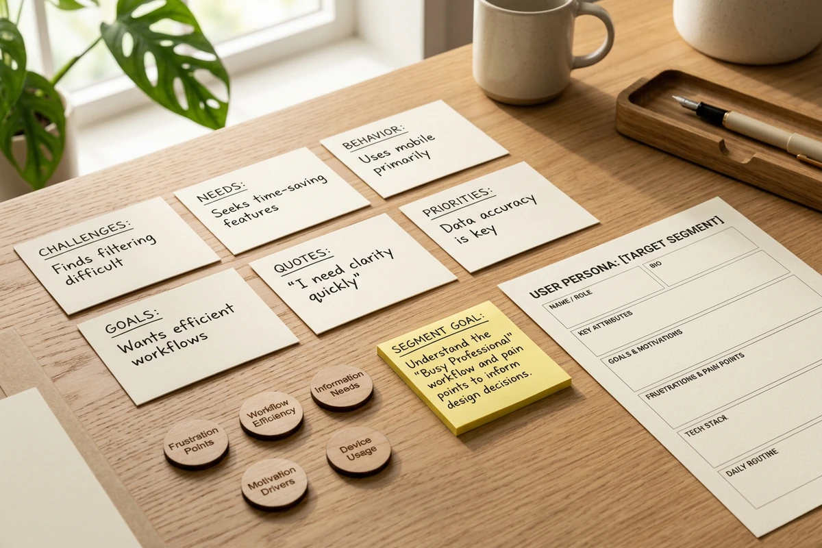 Research board with interview note cards, survey theme chips, and a segment goal sticky note beside a blank persona outline.