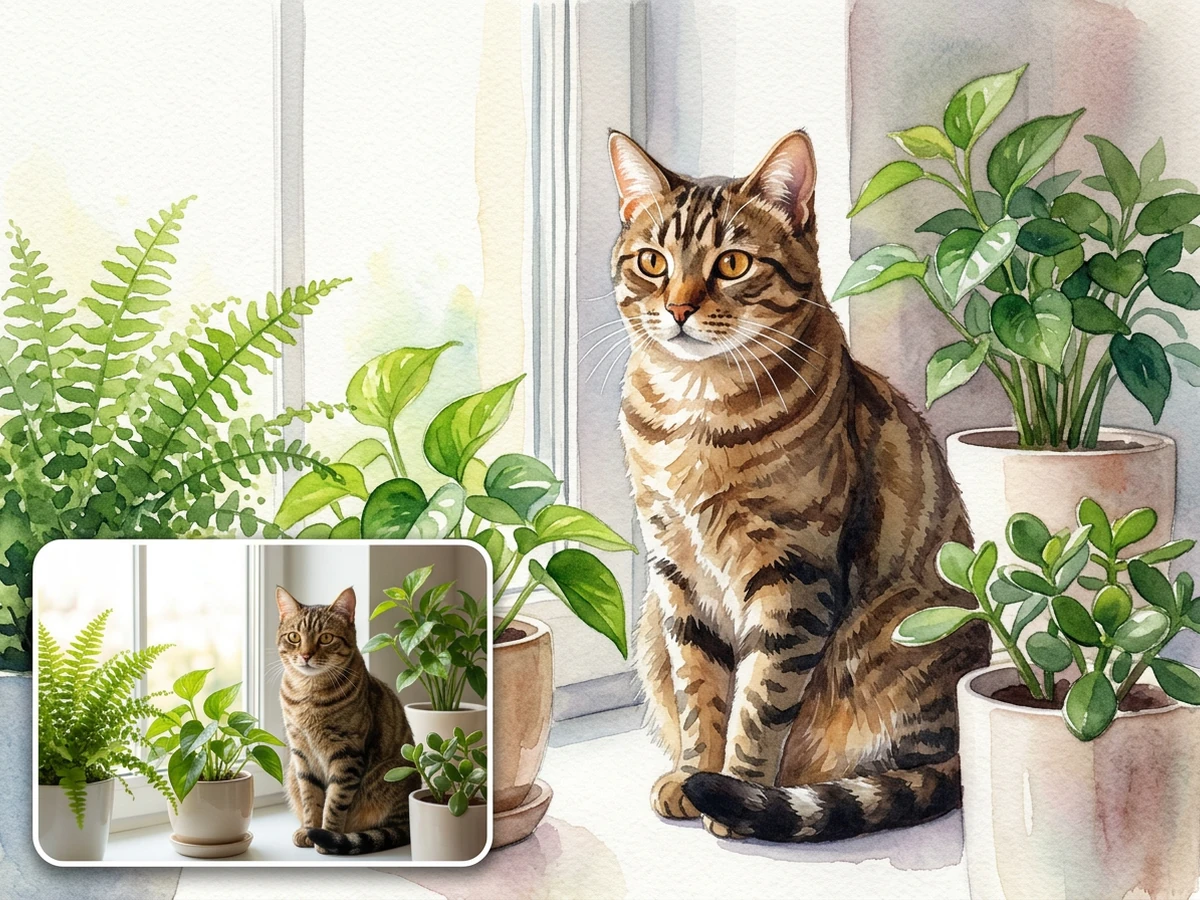 Watercolor tabby cat beside a bright window and houseplants with the original photo inset